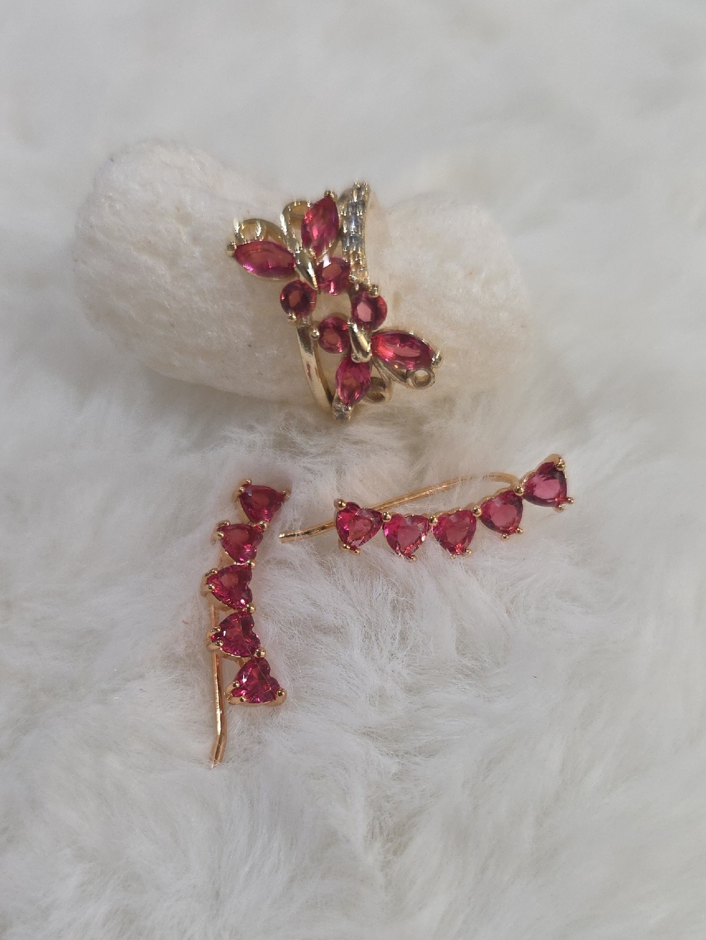 14k Gold Plated Red Crystal Ear Climbers and Ring Set